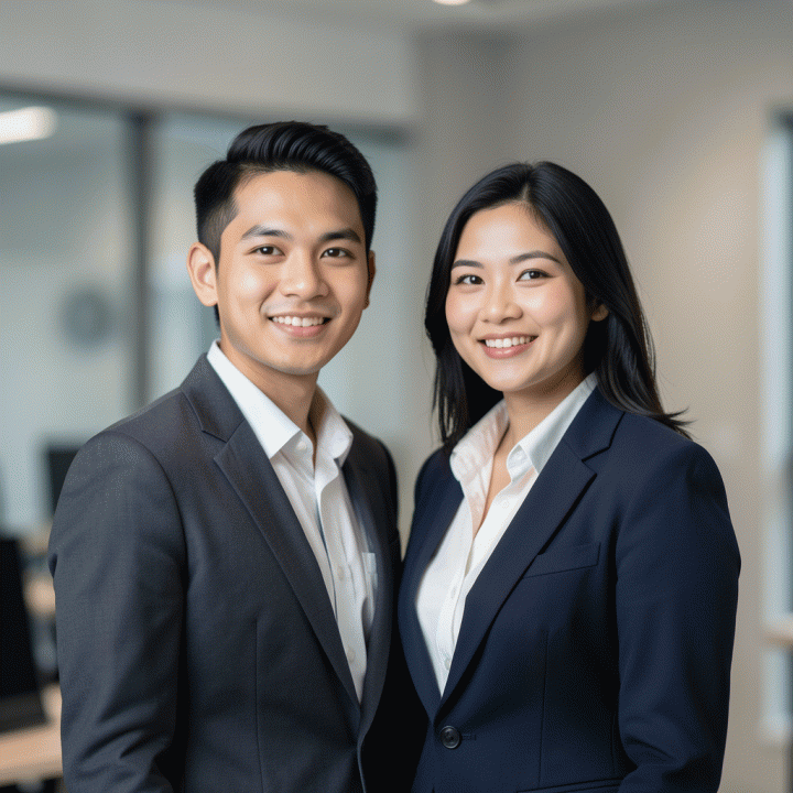 Duo professional headshot foto profil di kantor modern, menampilkan pria dan wanita Indonesia dengan pakaian bisnis formal, latar belakang buram, terlihat profesional dan kompeten.