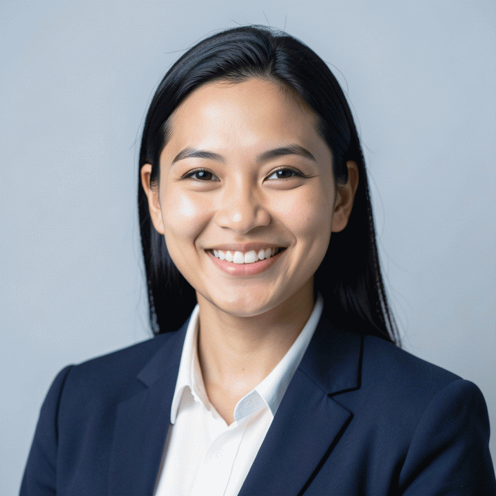 Contoh foto profil profesional (headshot) untuk LinkedIn, menampilkan subjek Indonesia dengan blazer formal di latar belakang warna netral.