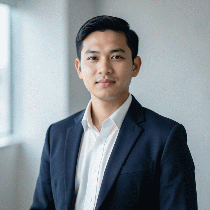 Foto potret profesional bergaya korporat dari seorang profesional muda Indonesia yang mengenakan pakaian bisnis semi-formal, berdiri di latar belakang kantor modern yang bersih dan minimalis.