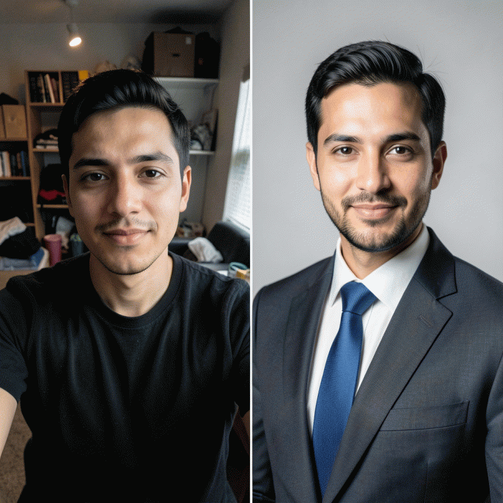 Perbandingan visual antara foto selfie biasa yang kurang profesional dan foto profil profesional berkualitas tinggi yang dihasilkan AI.