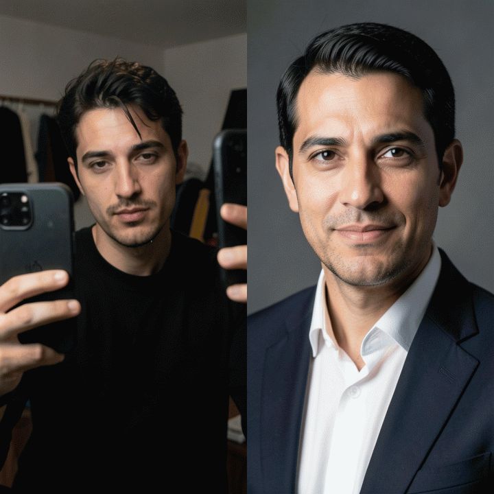 Perbandingan foto profil sebelum dan sesudah menggunakan AI, menunjukkan transformasi dari selfie kasual menjadi foto profesional yang rapi.