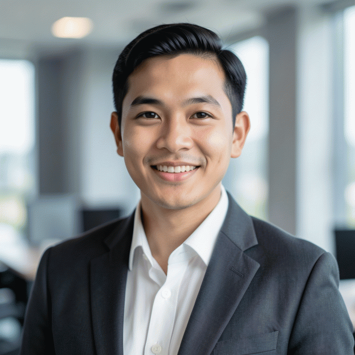 Foto profil profesional close-up seorang profesional muda Indonesia di latar belakang kantor minimalis yang lembut, menampilkan kesan percaya diri dan kompeten.
