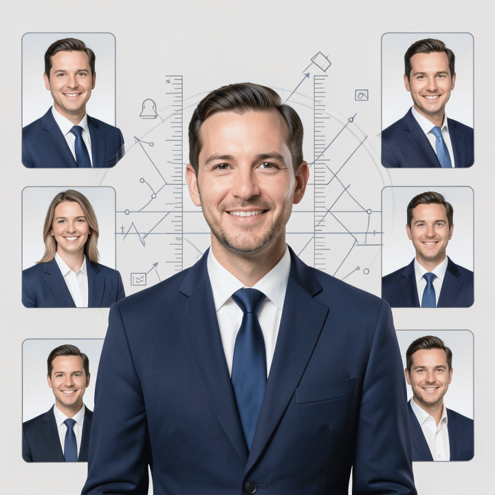 Infografis visual yang menunjukkan standar dan aturan ideal untuk foto profil profesional, fokus pada komposisi, pakaian, dan latar belakang yang tepat.