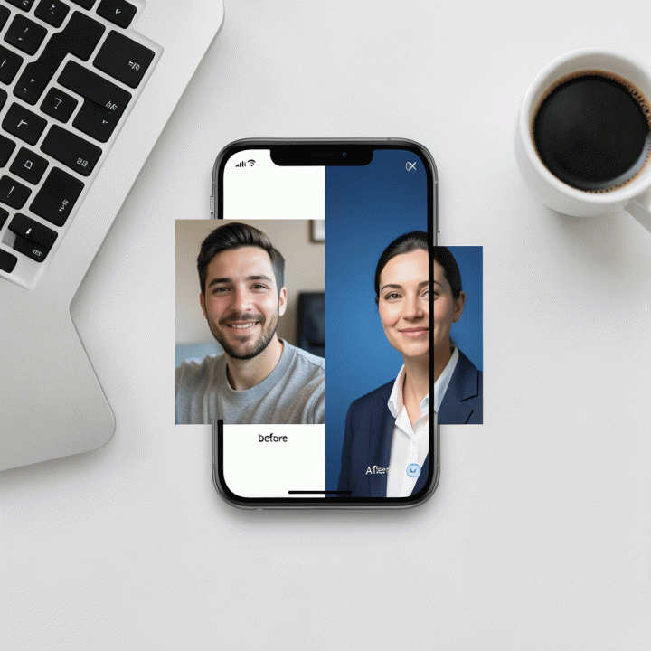 Perbandingan foto selfie biasa sebelum diubah menjadi foto profil profesional dengan latar belakang biru menggunakan aplikasi AI di smartphone.