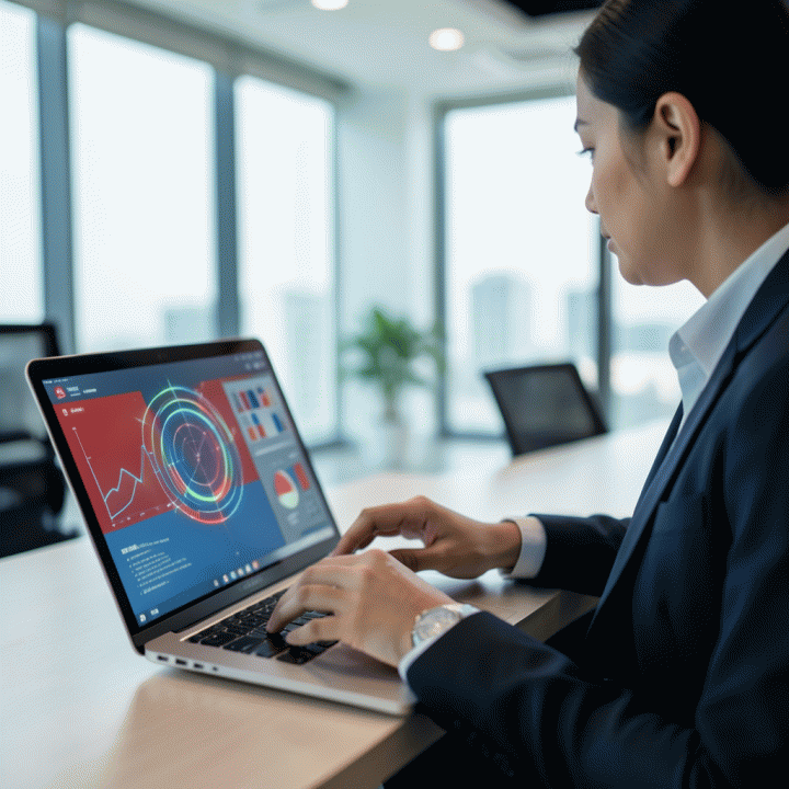 Profesional sedang menggunakan laptop untuk mengoptimalkan foto profil di kantor modern, menunjukkan antarmuka aplikasi AI secara visual abstrak.