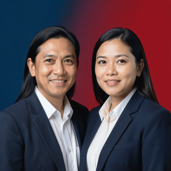Foto profil profesional berlatar belakang biru atau merah yang menampilkan pria dan wanita Indonesia berpakaian semi-formal dengan pencahayaan studio berkualitas tinggi.