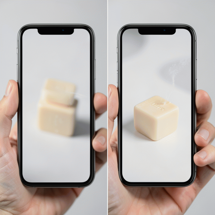 Perbandingan visual kualitas foto produk: dari buram (rendah resolusi) menjadi sangat tajam dan jernih (resolusi tinggi) menggunakan alat AI.