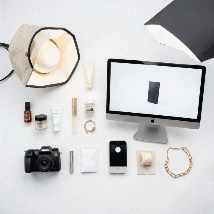 Flat lay studio shot menampilkan peralatan fotografi produk e-commerce profesional di atas latar belakang putih bersih, melambangkan peningkatan kualitas visual produk untuk penjualan online.