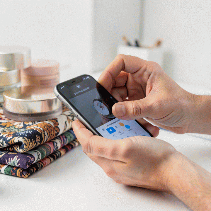 Tangan yang sedang mengambil foto produk e-commerce dengan smartphone di studio yang bersih, menunjukkan proses awal fotografi produk.