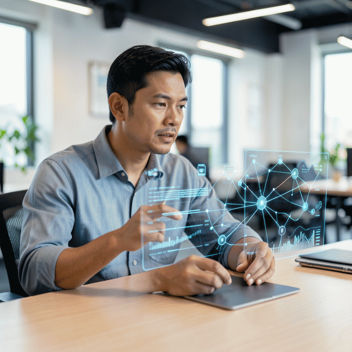 Seorang founder startup profesional sedang bekerja di meja modern, berinteraksi dengan antarmuka hologram AI yang menampilkan peta ide bisnis dan data abstrak, melambangkan transformasi ide menjadi rencana bisnis digital.