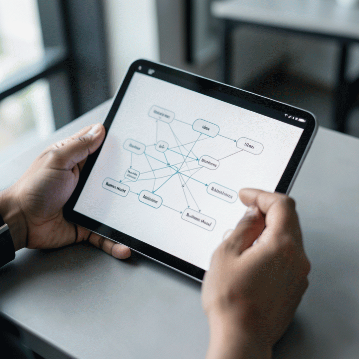 Tangan yang sedang menggunakan tablet untuk memvisualisasikan dan menyusun ide bisnis yang kompleks menjadi peta alir yang terstruktur menggunakan AI.