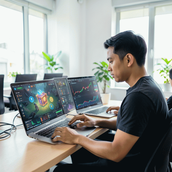 Seorang pemuda Indonesia sedang bekerja di ruang co-working modern, menggunakan teknologi digital untuk menghasilkan uang dari permainan (Play-to-Earn), dengan tampilan antarmuka game dan grafik keuangan yang terlihat di layar-layarnya.