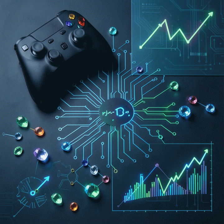 Visualisasi konsep Play-to-Earn yang terdiri dari elemen gaming, token digital, dan grafik keuangan dalam komposisi flat lay yang modern.
