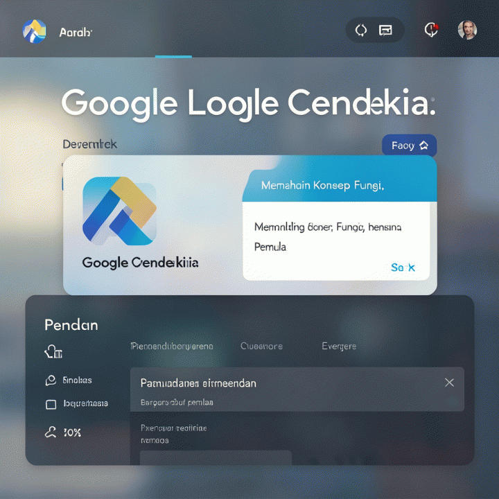 Visual ilustrasi seorang mahasiswa sedang menggunakan komputer dengan logo Google dan simbol pengetahuan/cendekia