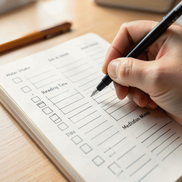 Tangan sedang mengisi bullet journal dengan template pelacak kebiasaan mingguan yang terstruktur di atas meja kayu minimalis.