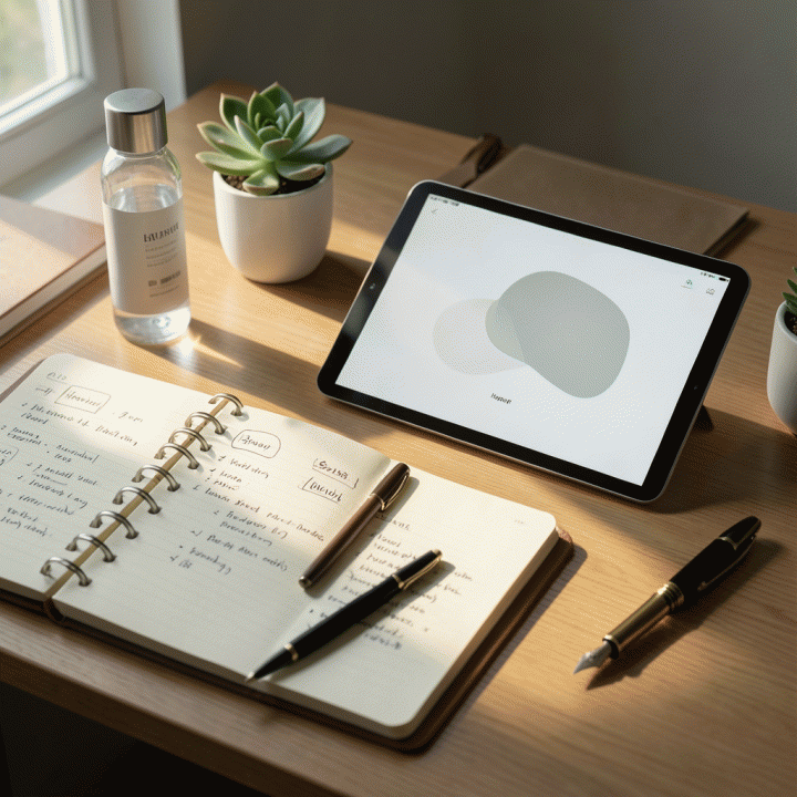 Set meja belajar yang estetis dan terorganisasi dengan perlengkapan journaling, tablet digital yang menampilkan pelacak kebiasaan minimalis, tanaman hias kecil, dan botol minum, melambangkan rutinitas self-improvement.