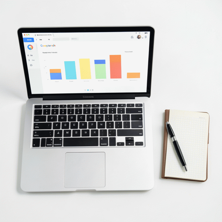 Tampilan dari atas (flat lay) meja kerja yang menampilkan layar laptop dengan visualisasi data pelacak kebiasaan dan buku catatan di sampingnya.
