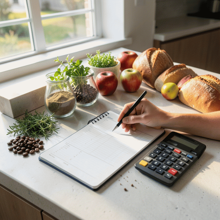Meja dapur modern dengan bahan-bahan segar dan alat hitung, melambangkan perhitungan harga jual F&B yang akurat.