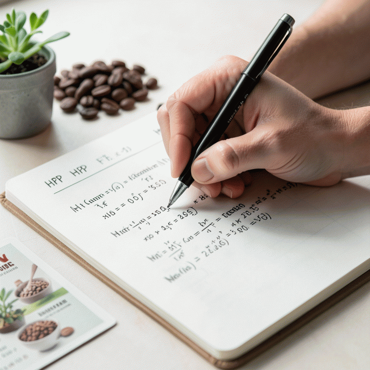 Tangan yang sedang menghitung formula keuangan di buku catatan, melambangkan proses analisis HPP.