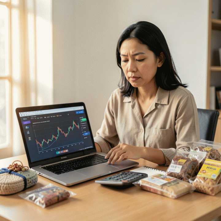 Seorang pemilik UMKM Indonesia yang sedang fokus menghitung dan merencanakan harga jual produknya di meja kerja yang rapi, menunjukkan pentingnya perhitungan HPP dan strategi bisnis yang akurat.