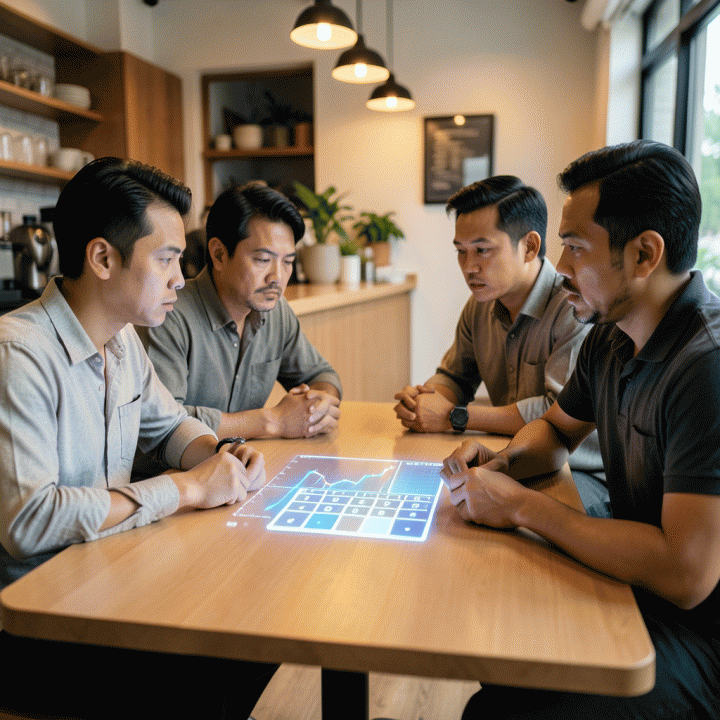 Sekelompok pemilik kafe Indonesia sedang berdiskusi serius menganalisis data keuangan di atas meja, melambangkan proses perhitungan HPP yang akurat.