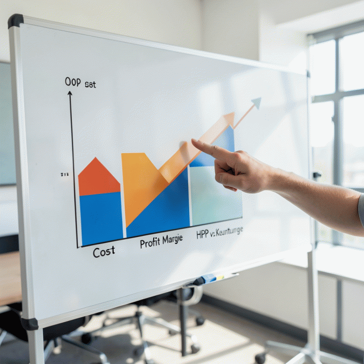 Grafik konsep di papan tulis yang menunjukkan peningkatan keuntungan optimal dari perhitungan harga jual.