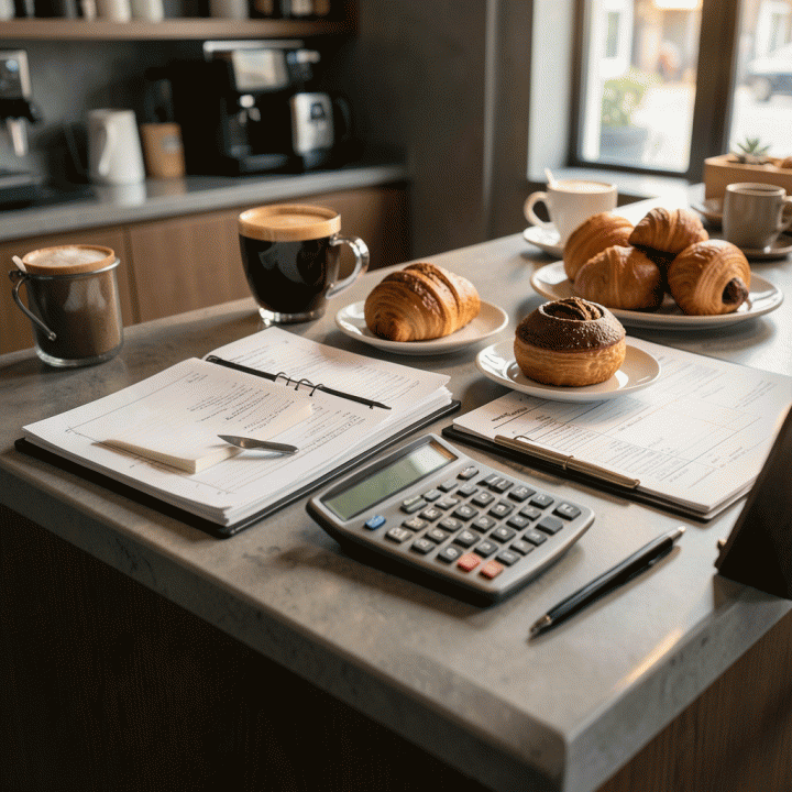 Meja kafe yang estetik dengan kopi dan kue, di samping alat hitung keuangan dan buku catatan, melambangkan perencanaan bisnis F&B yang matang.