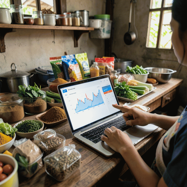 Pengusaha UMKM Indonesia sedang menganalisis biaya produksi (HPP) menggunakan laptop di dapur yang tertata rapi, menunjukkan fokus pada perhitungan keuangan bisnis makanan atau kerajinan tangan.