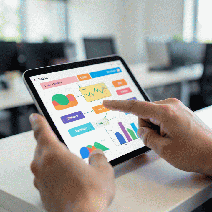 Penggunaan kalkulator HPP digital pada tablet oleh tangan pemilik usaha, fokus pada visualisasi perhitungan harga jual yang akurat tanpa teks terbaca.