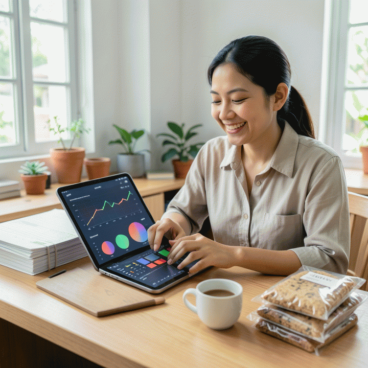 Seorang pemilik UMKM Indonesia yang percaya diri menggunakan tablet di meja kerjanya yang rapi, dikelilingi oleh alat akuntansi dan produk, melambangkan perhitungan keuangan yang akurat dan peningkatan profit.