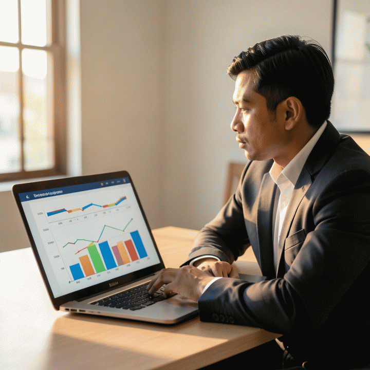 Pemilik bisnis F&amp;B sedang menganalisis grafik keuangan di laptop untuk menentukan harga jual optimal.