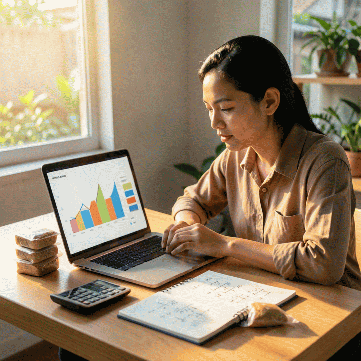 Seorang pemilik UMKM Indonesia yang profesional sedang menganalisis data keuangan di laptop untuk menentukan harga jual optimal, menunjukkan fokus pada perhitungan profit yang akurat.