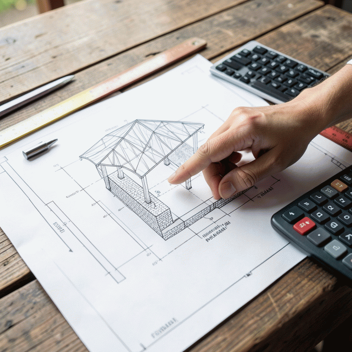 Seorang profesional sedang meninjau cetak biru (blueprint) proyek konstruksi yang detail, menunjukkan fokus pada perhitungan fondasi dan atap, melambangkan perencanaan anggaran (RAB) yang akurat.