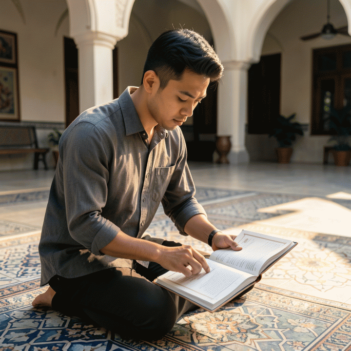 Seorang pria muda Indonesia yang sedang merencanakan ibadah sunnah dengan khusyuk di halaman masjid yang tenang.