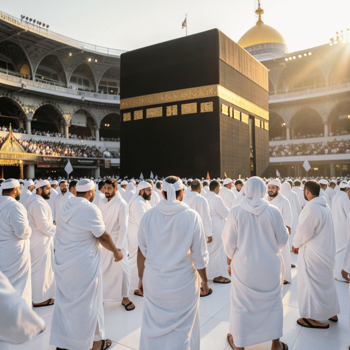 Kelompok peziarah Indonesia yang khusyuk melakukan Tawaf di Ka'bah selama ibadah haji, menangkap suasana spiritual dan devosi yang tinggi.
