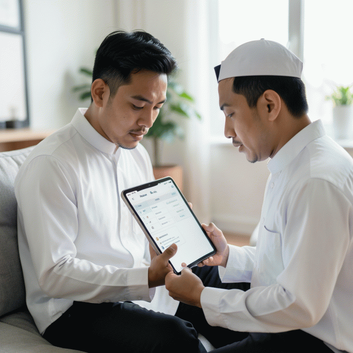 Seorang pria muda Indonesia yang fokus menggunakan perangkat digital untuk merencanakan dan mempelajari rangkaian ibadah haji secara terstruktur.
