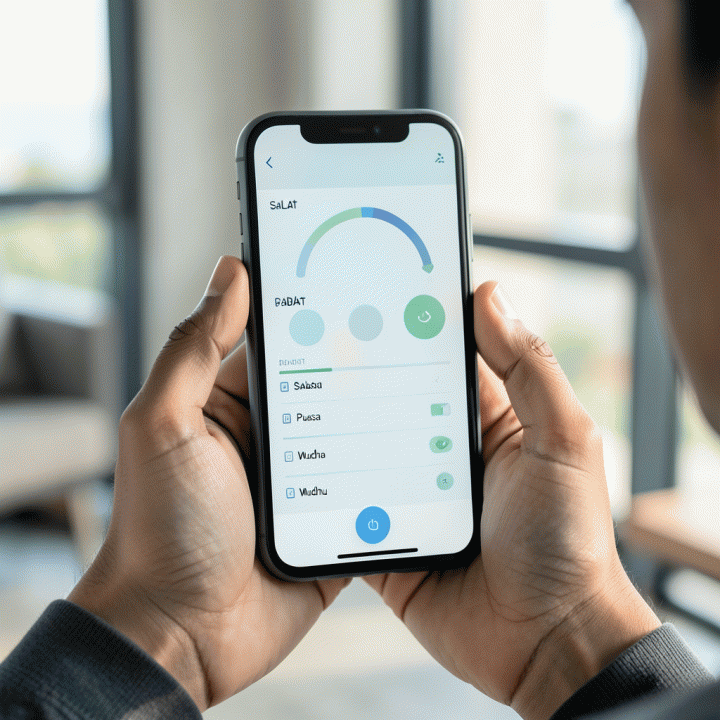 Tampilan antarmuka pelacak kebiasaan ibadah digital yang modern dan minimalis pada smartphone, menunjukkan progres ibadah harian.