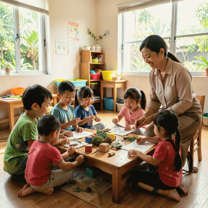 Kelas PAUD Indonesia yang cerah dan hangat, di mana anak-anak bermain secara aktif dengan mainan fisik dan belajar dari guru, menekankan pembelajaran berbasis pengalaman nyata.