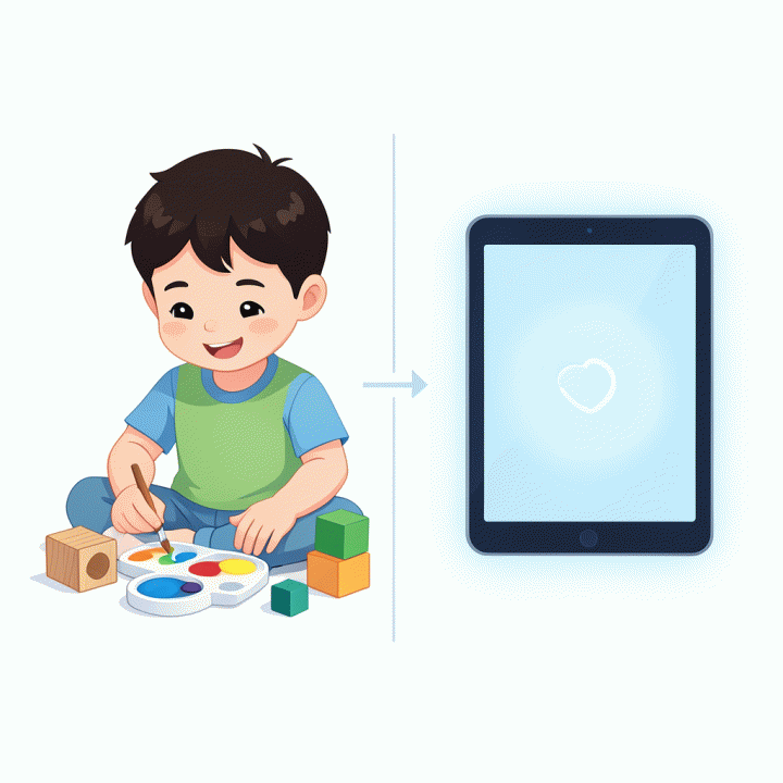 Ilustrasi konseptual yang menunjukkan keseimbangan antara mainan fisik dan penggunaan layar yang terbatas dalam pendidikan anak.