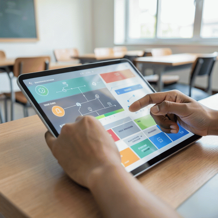 Tangan guru berinteraksi dengan antarmuka digital perencanaan pelajaran abstrak di tablet, menunjukkan proses penyusunan materi yang terstruktur.