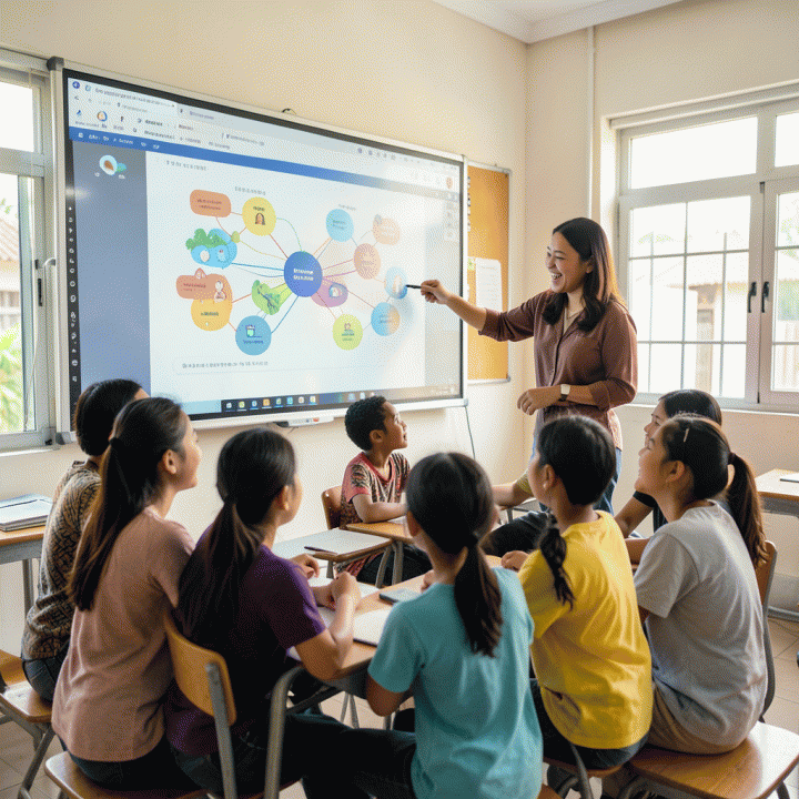 Guru Indonesia menggunakan papan interaktif digital modern di kelas yang cerah, dikelilingi oleh siswa yang antusias, menunjukkan proses belajar mengajar yang interaktif dan teknologi.