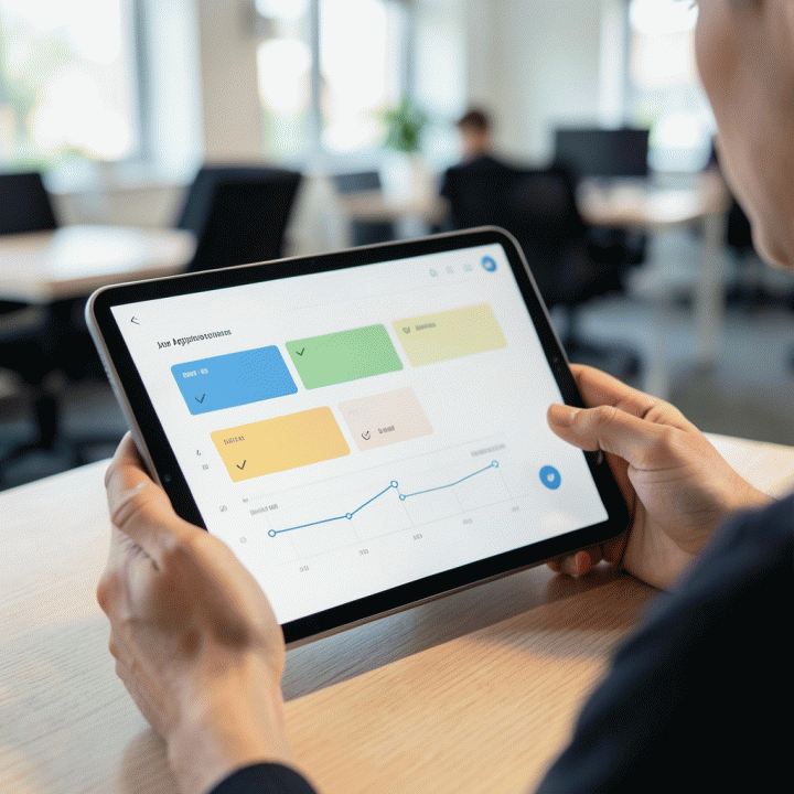 Tangan menggunakan tablet yang menampilkan dasbor abstrak visual untuk melacak status lamaran kerja dan tindak lanjut secara terstruktur.
