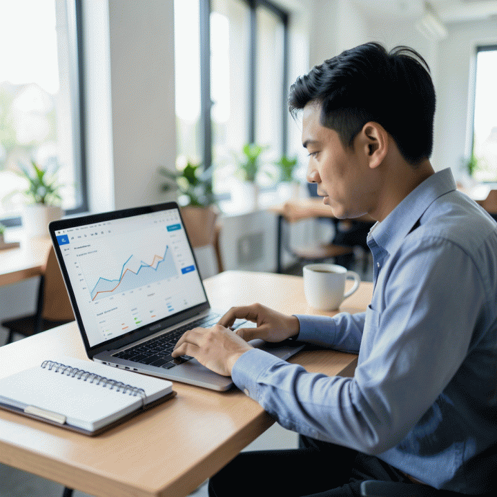 Seorang pencari kerja profesional yang fokus di meja kerja modern, melacak progres lamaran dan karir menggunakan laptop dan planner, menciptakan suasana produktif.