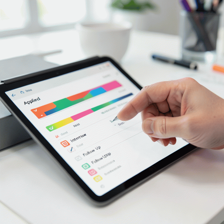 Tangan profesional yang melacak dan mengelola status lamaran kerja dan prospek di sistem digital yang rapi dan terorganisir.