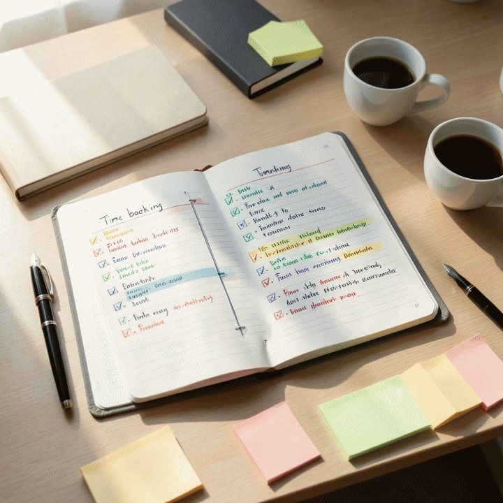 Meja kerja minimalis yang rapi dan terinspirasi, dengan planner terbuka berisi jadwal harian yang tertata apik, menunjukkan suasana fokus dan produktif untuk manajemen waktu.