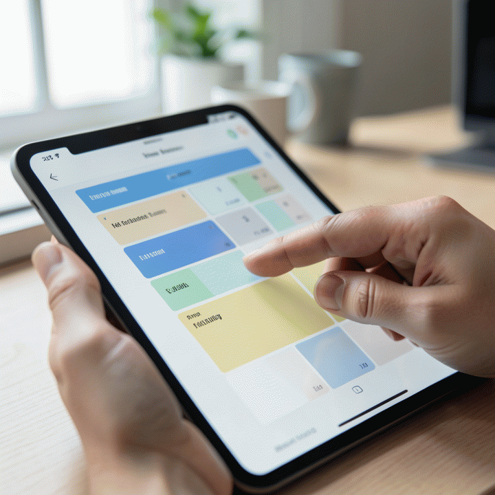 Tangan menggunakan aplikasi digital di tablet untuk mengatur jadwal atau blok waktu tugas secara efisien, fokus pada antarmuka yang abstrak dan bersih.