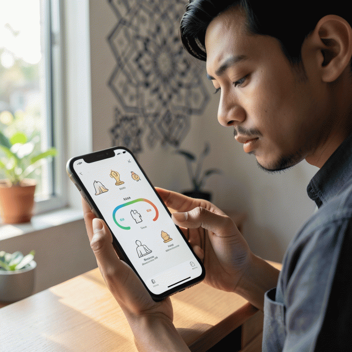 Seorang profesional muda Muslim Indonesia menggunakan aplikasi pelacak kebiasaan ibadah di smartphone di rumah yang nyaman, menunjukkan konsistensi spiritual.