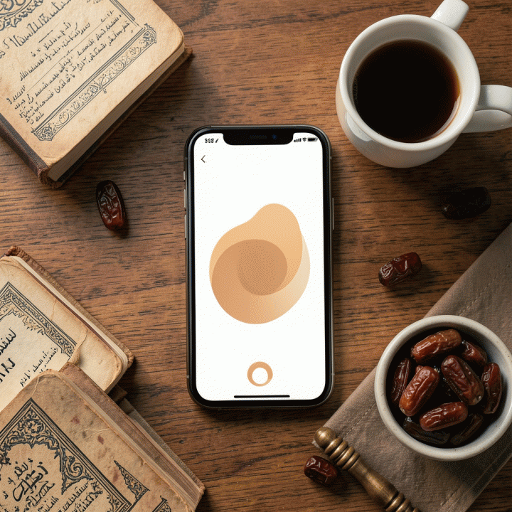 Tampilan atas (flat lay) smartphone yang menampilkan aplikasi pelacak ibadah, dikelilingi oleh perlengkapan ibadah dan benda-benda rutin lainnya.