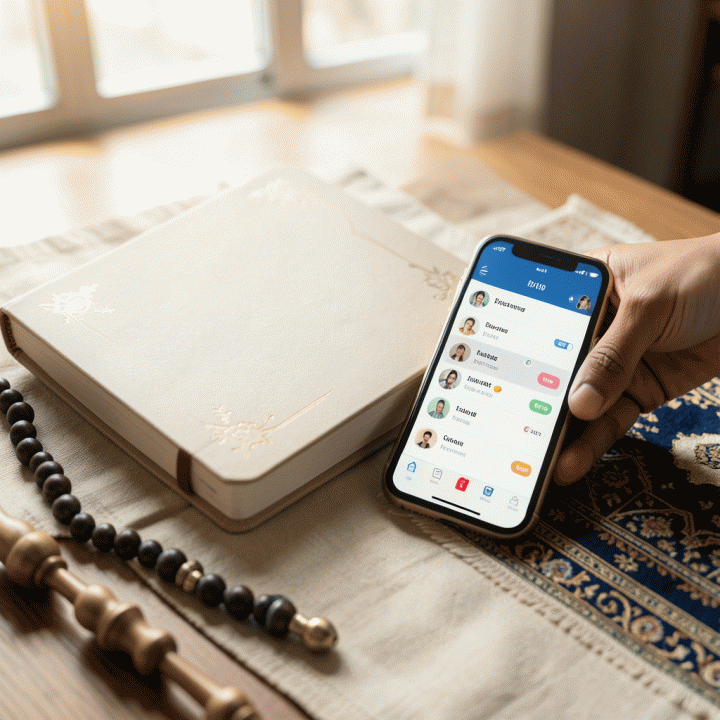 Alat bantu fisik (planner dan tasbih) diletakkan bersama smartphone yang menunjukkan aplikasi tracker, melambangkan perencanaan ibadah harian.