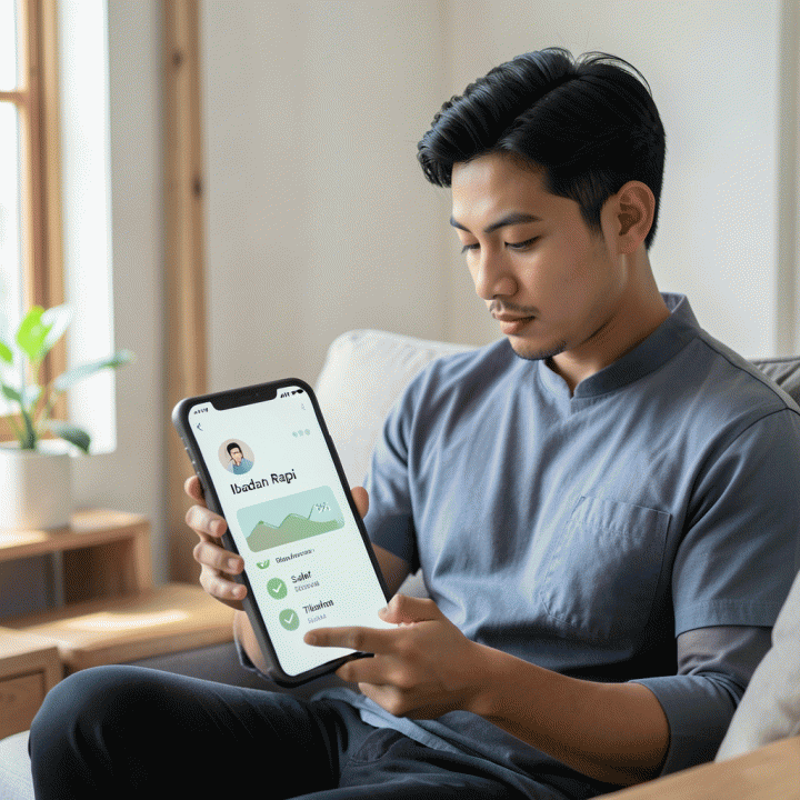 Seorang pemuda Muslim modern Indonesia sedang fokus menggunakan aplikasi habit tracker digital yang menampilkan progres ibadah harian, menunjukkan konsistensi dan perencanaan spiritual yang teratur.